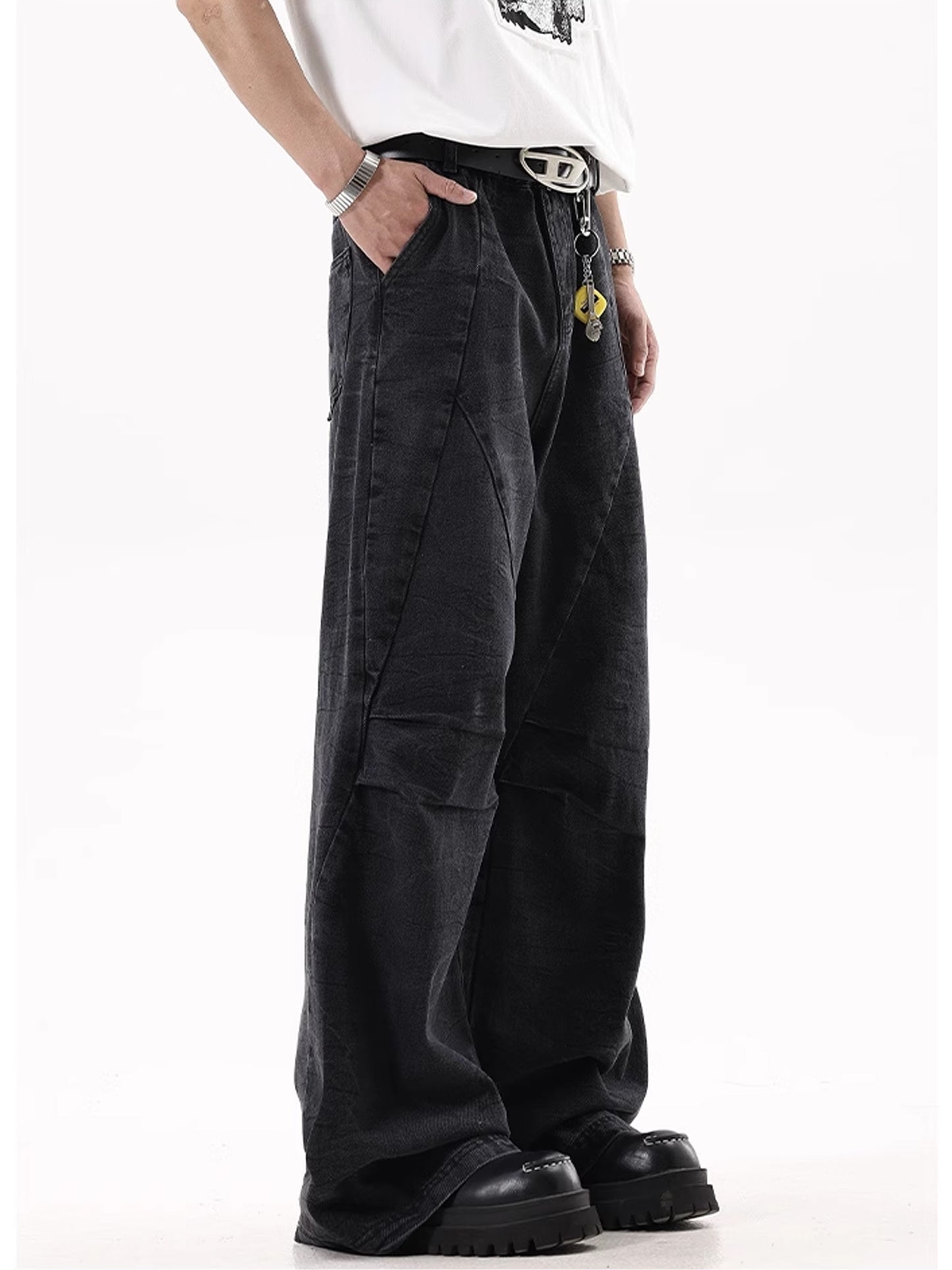 Washed Black Pleats Denim Pants