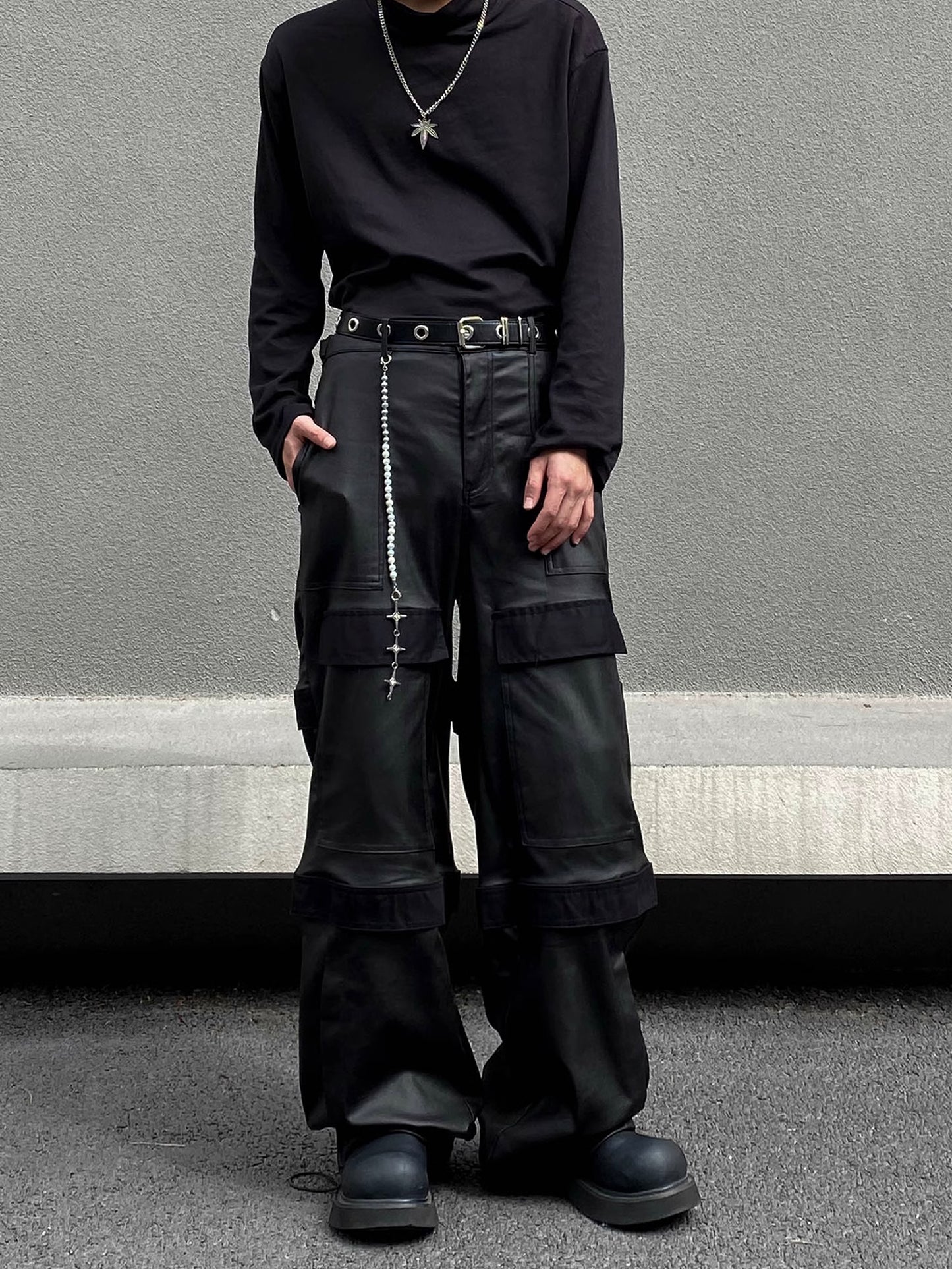 Leather PLEATS MULTI CARGO PANTS