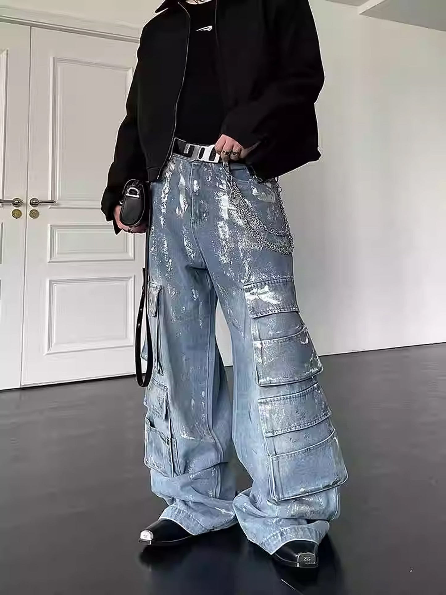 Wide Denim Belt Cargo Pants