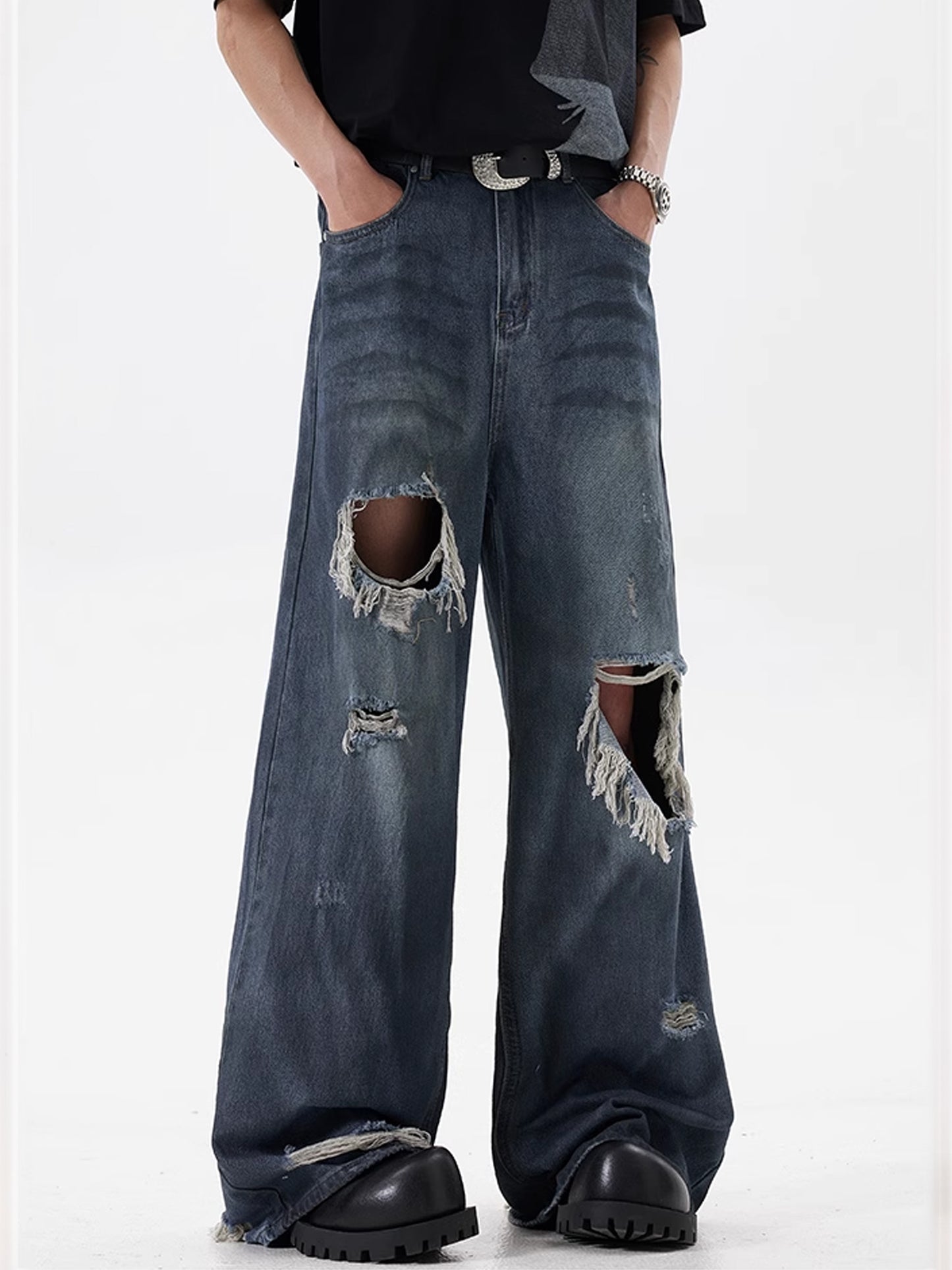 Old Dirty Dye Hole Denim Pants