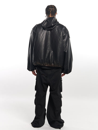 Heavy Industry Leather Hooded Zip Jacket