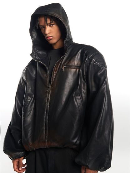 Heavy Industry Leather Hooded Zip Jacket