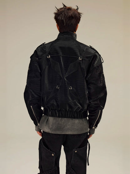 Croco Patch Biker Leather Jacket