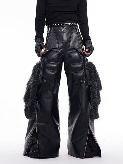 Splicing Leather Fur Cargo Pants