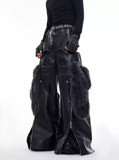 Splicing Leather Fur Cargo Pants