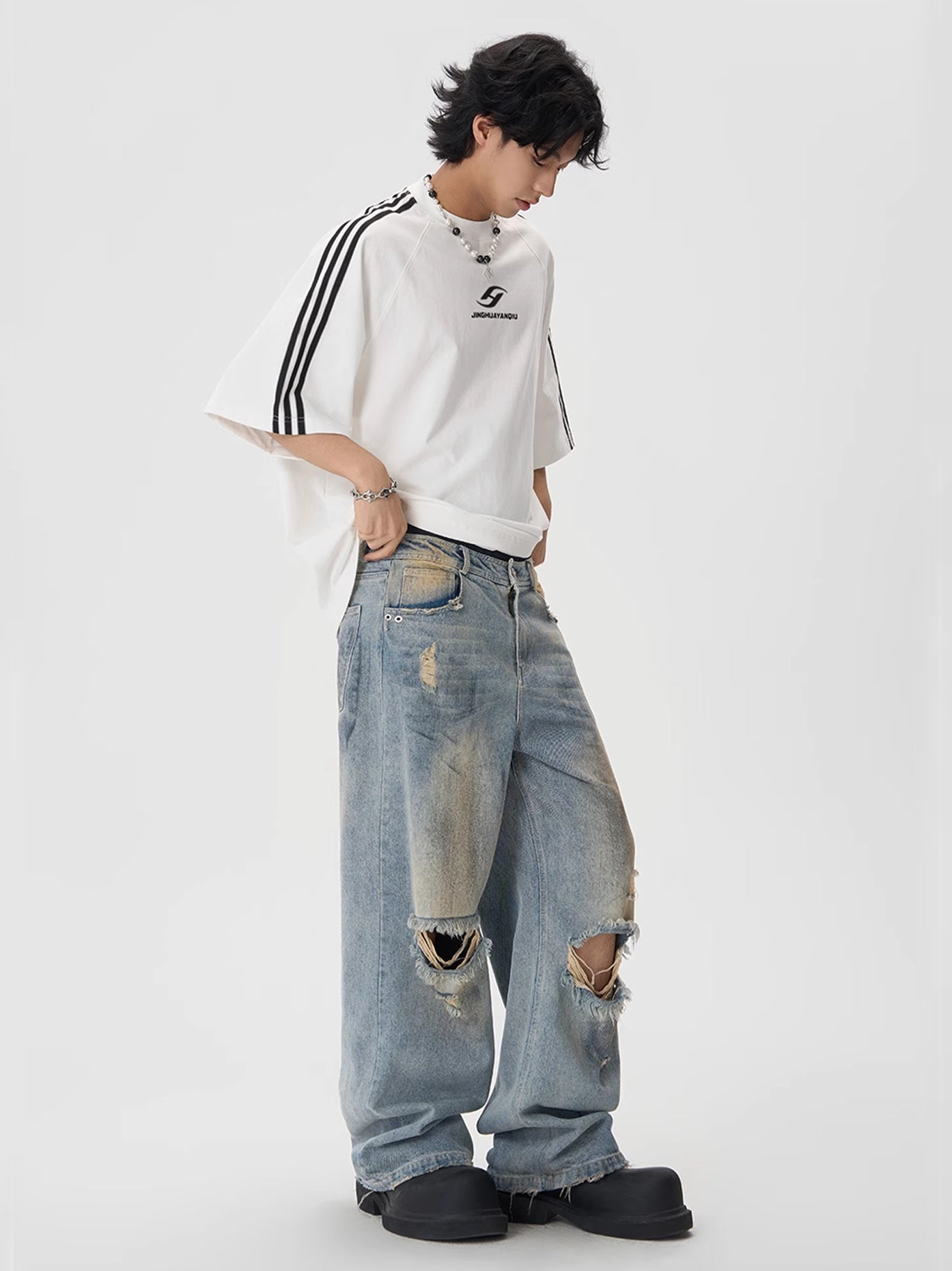 Retro Washed Holes Denim Pants