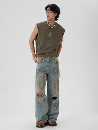 Retro Washed Holes Denim Pants