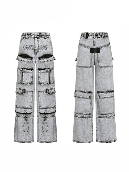 Multi-Pocket Washed Denim Wide Pants