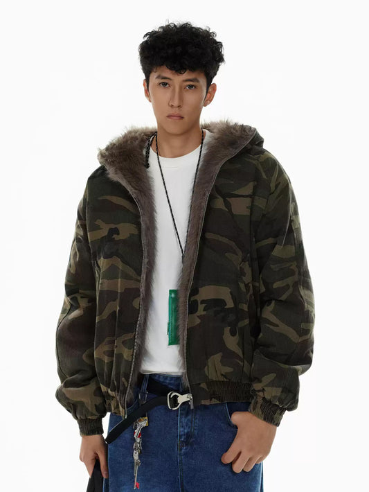 Camouflage Hooded Fur Jacket