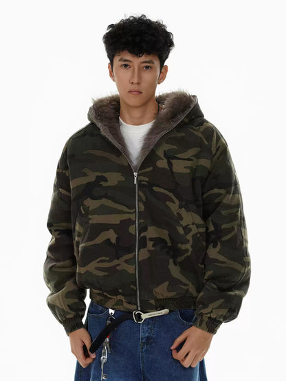 Camouflage Hooded Fur Jacket