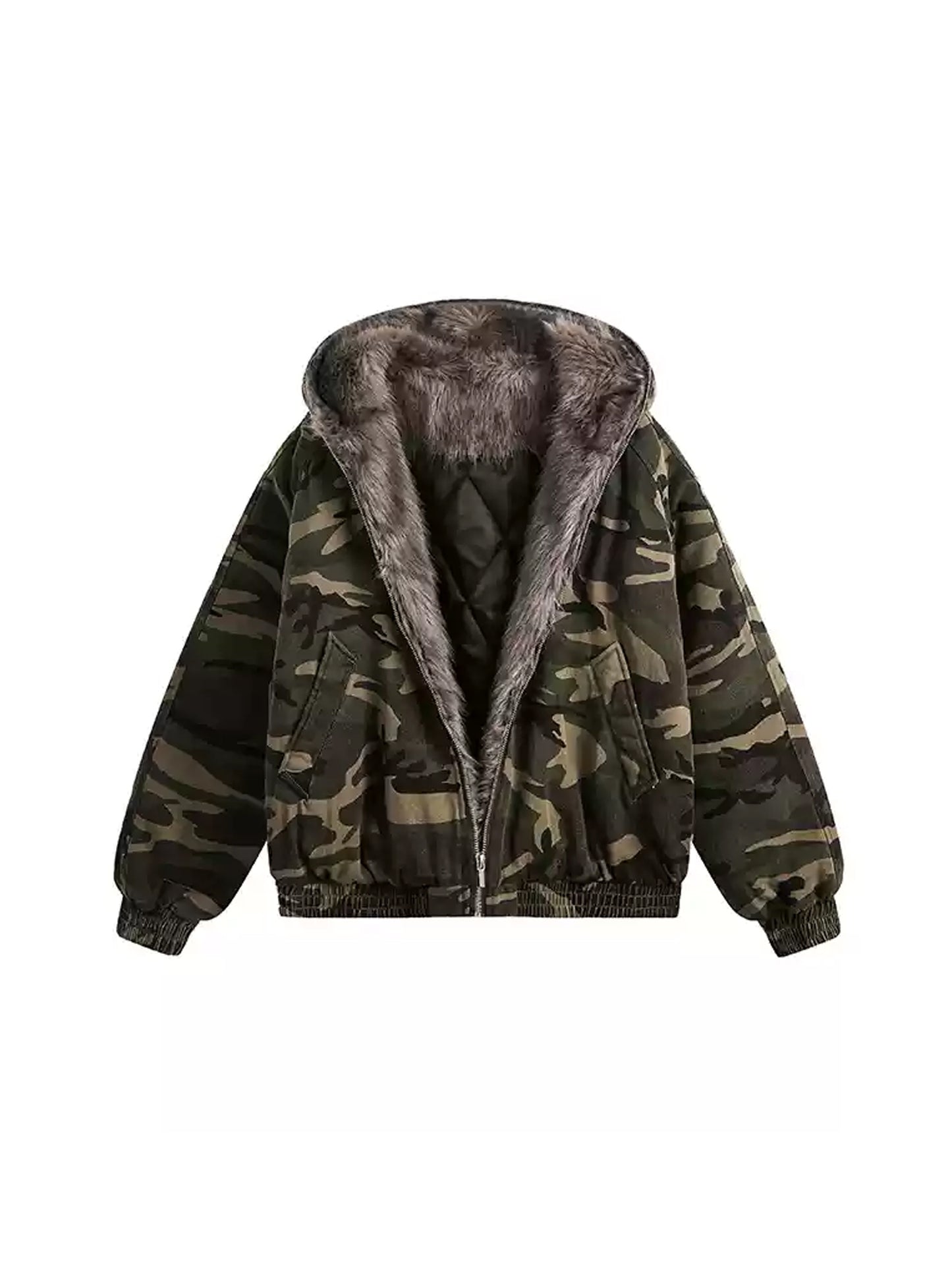 Camouflage Hooded Fur Jacket