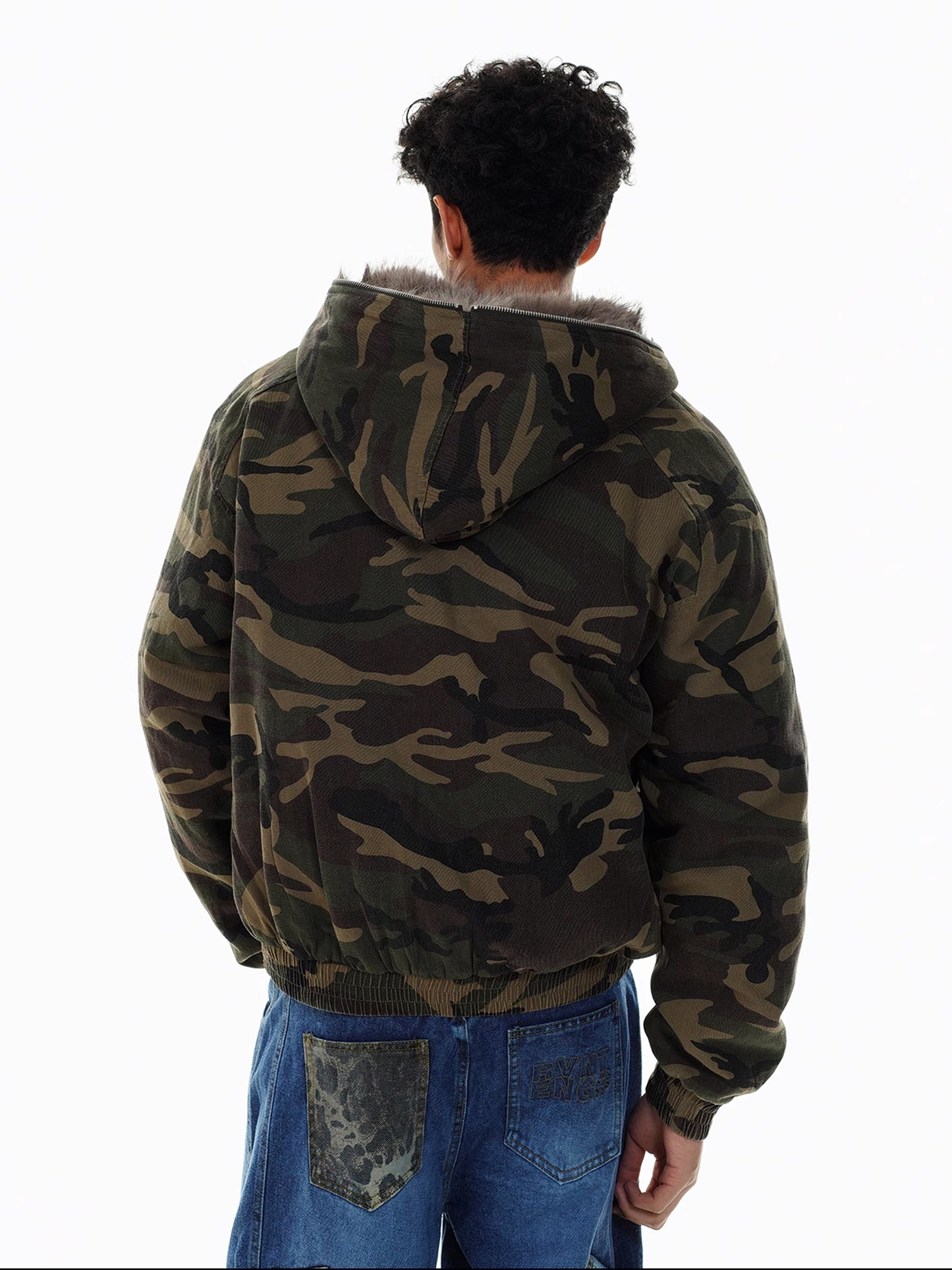 Camouflage Hooded Fur Jacket