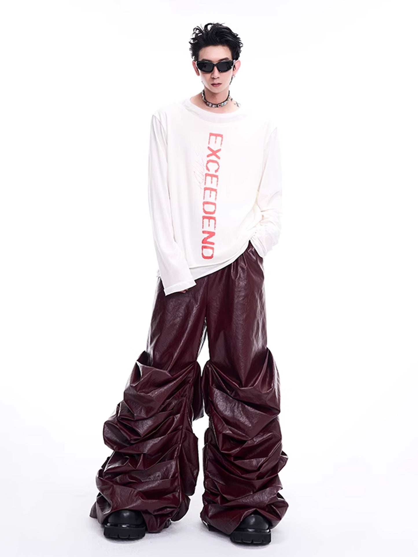 Pleats Wide Leather Pants