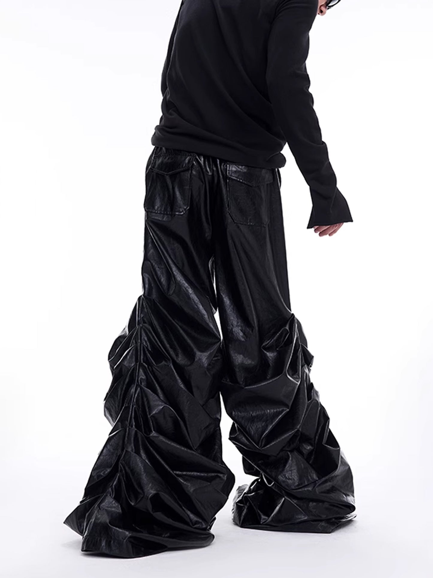 Pleats Wide Leather Pants