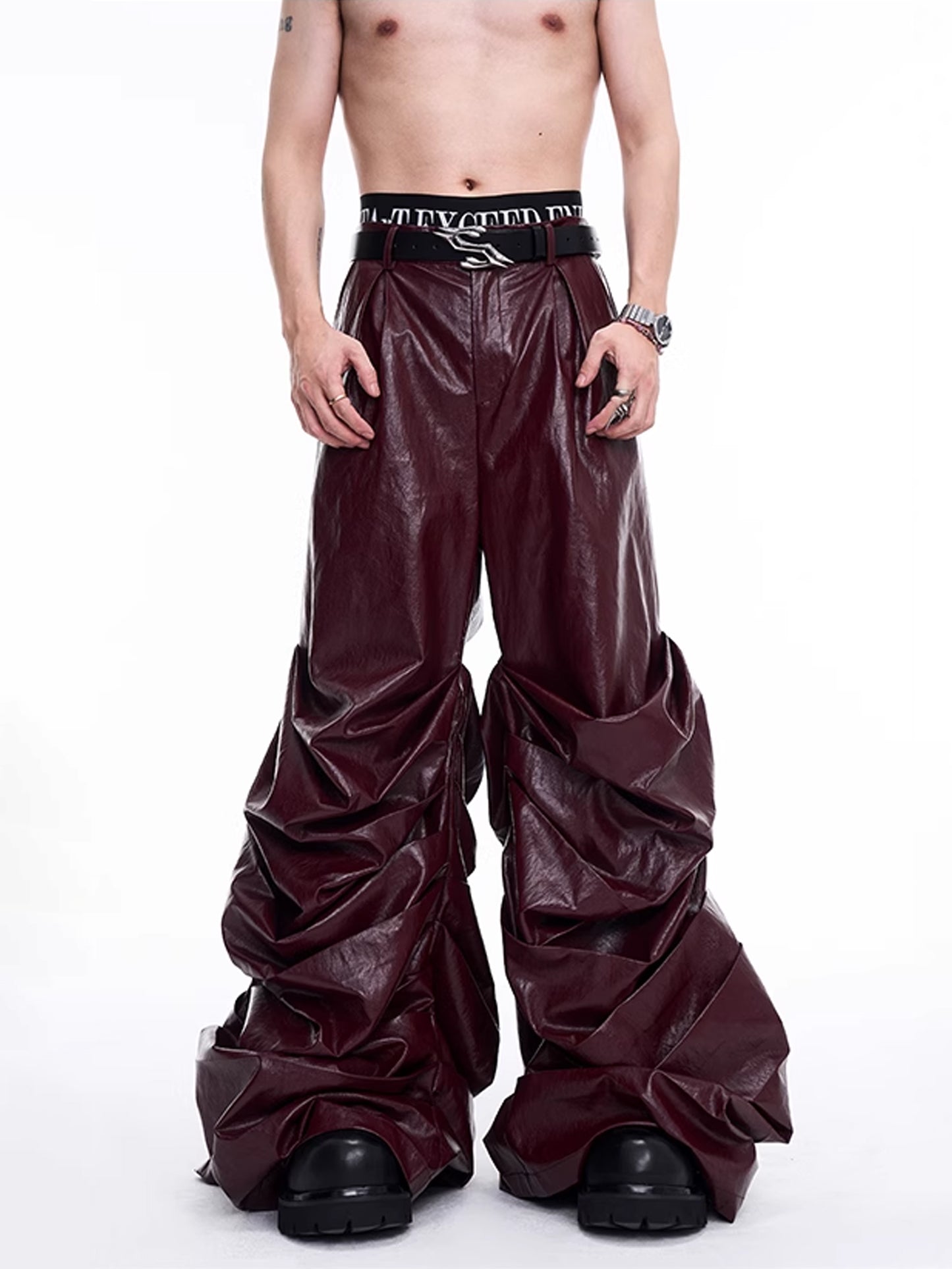 Pleats Wide Leather Pants