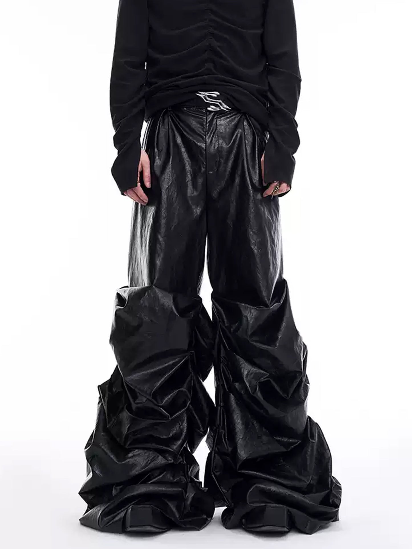 Pleats Wide Leather Pants