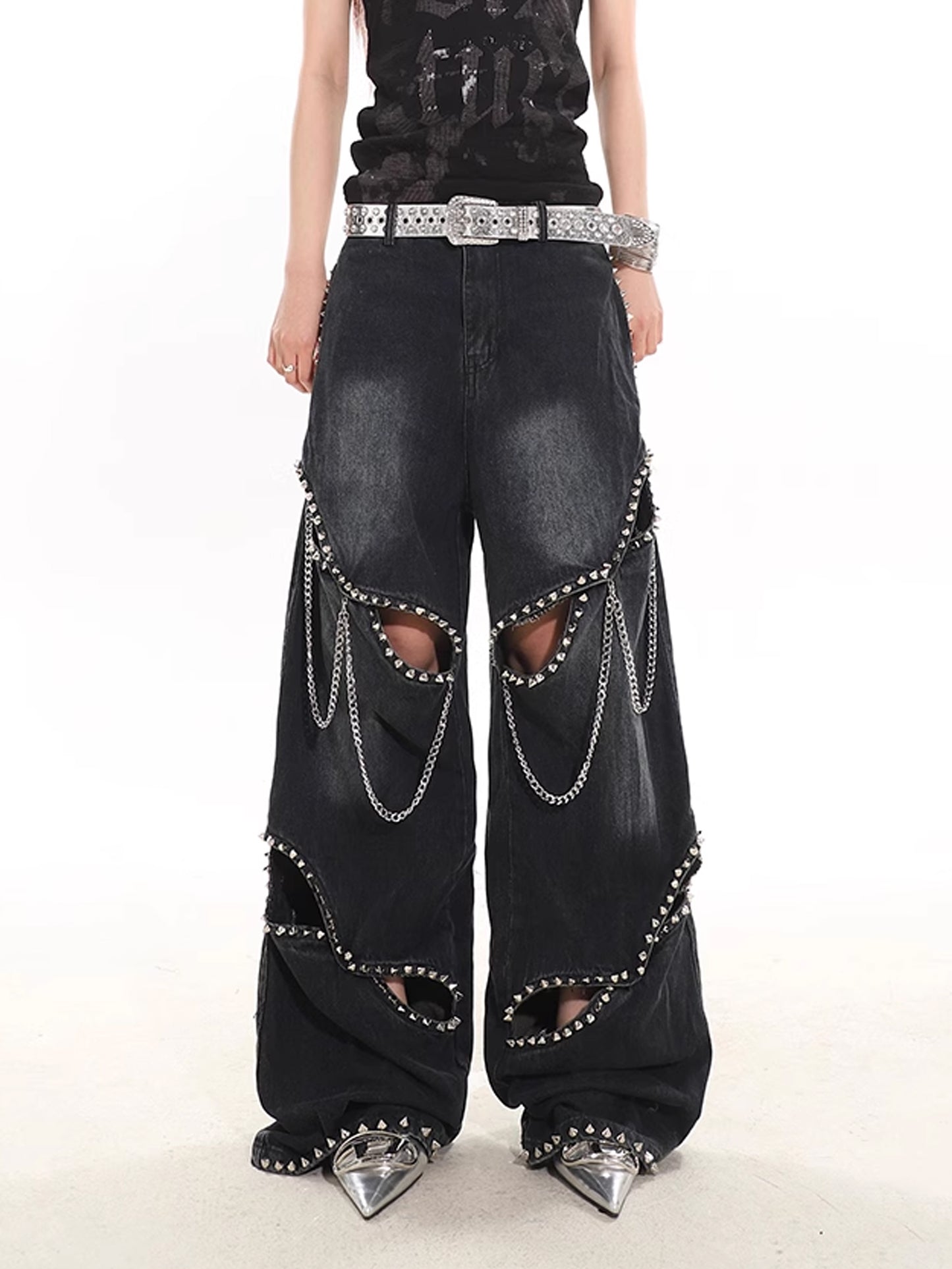 Heavy Metal Rivet Chain Denim Pants