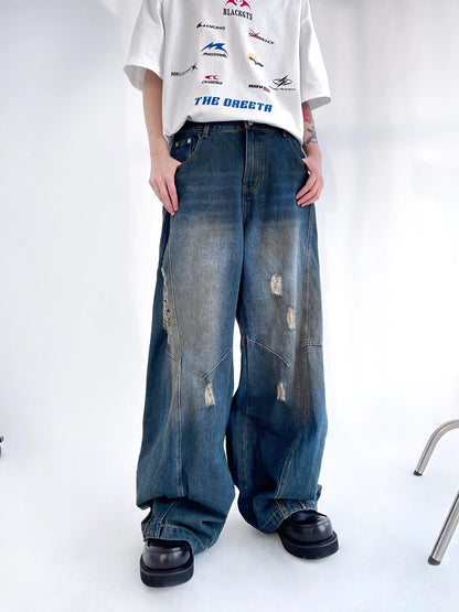 Washed Blue Damage Denim Pants