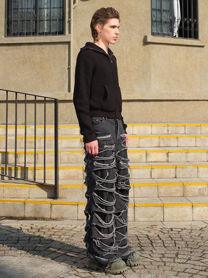 DOUBLE LAYER DESTRUCTION DENIM PANTS