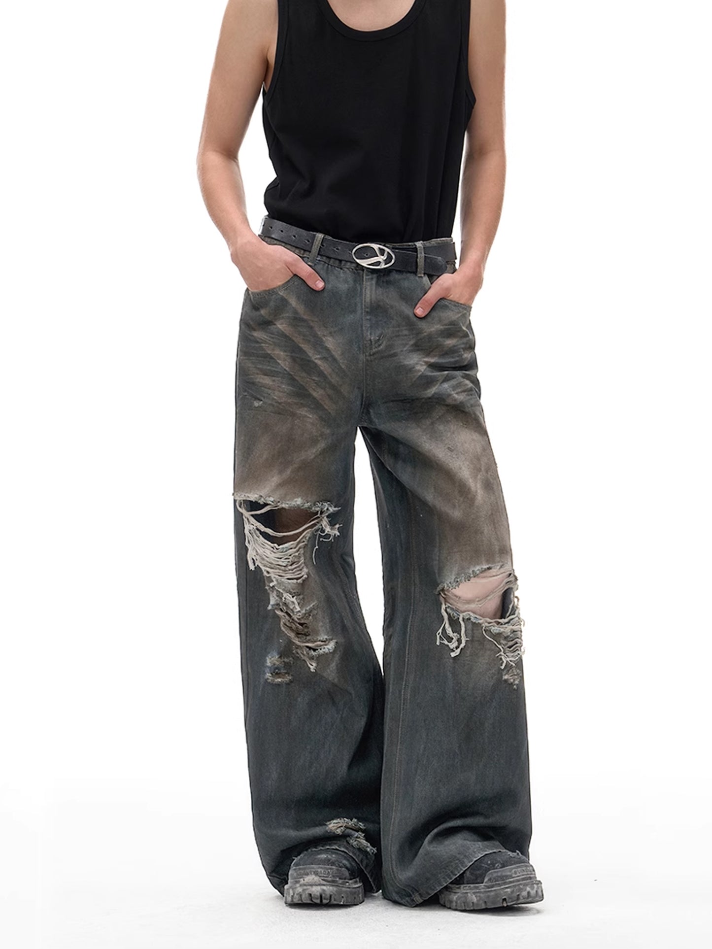 Dirty Damaged Wide Denim Pants