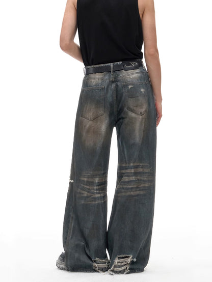 Dirty Damaged Wide Denim Pants