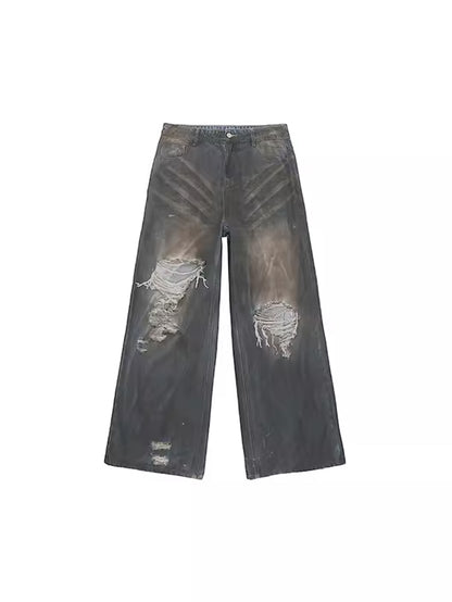 Dirty Damaged Wide Denim Pants