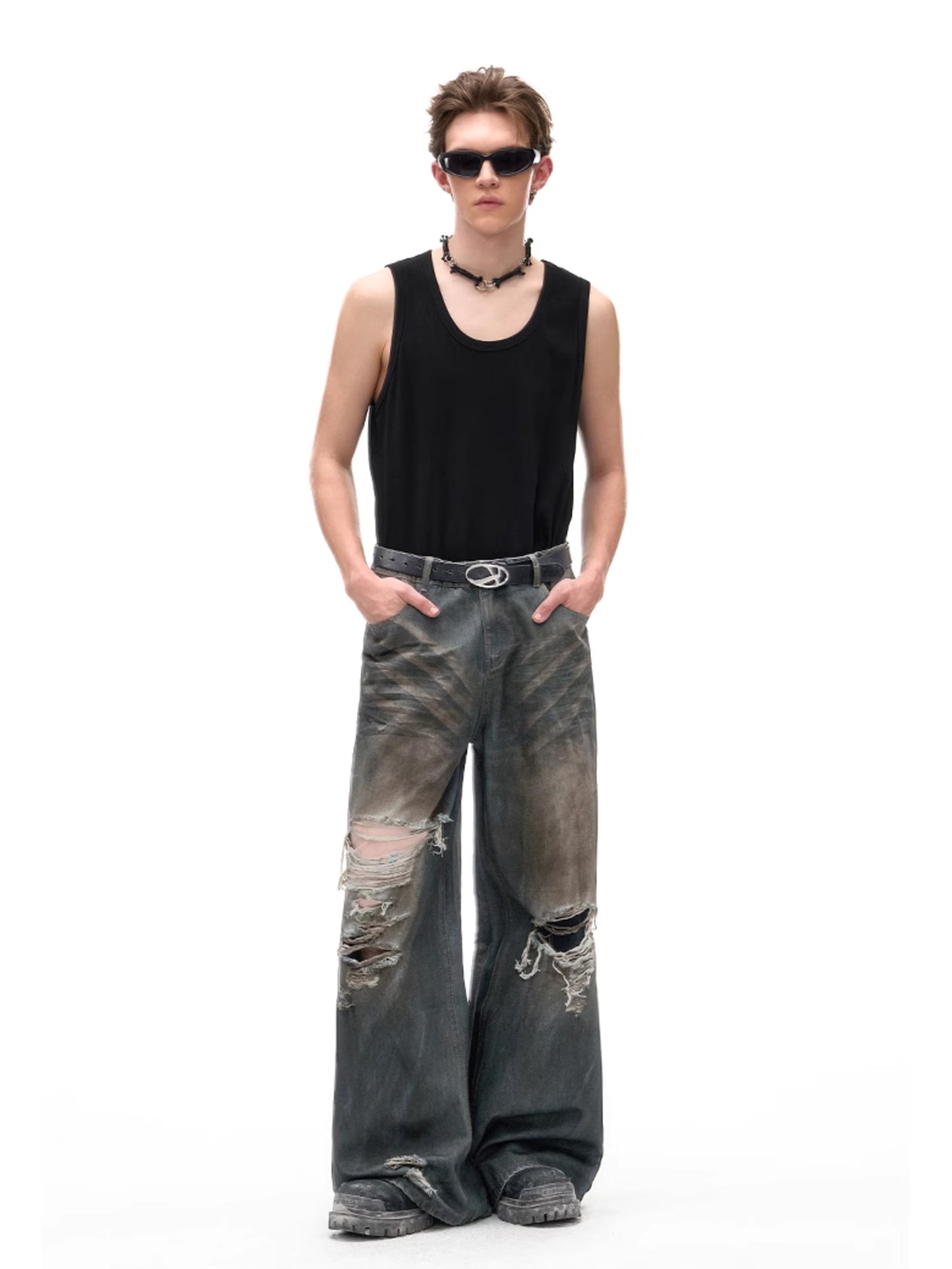 Dirty Damaged Wide Denim Pants