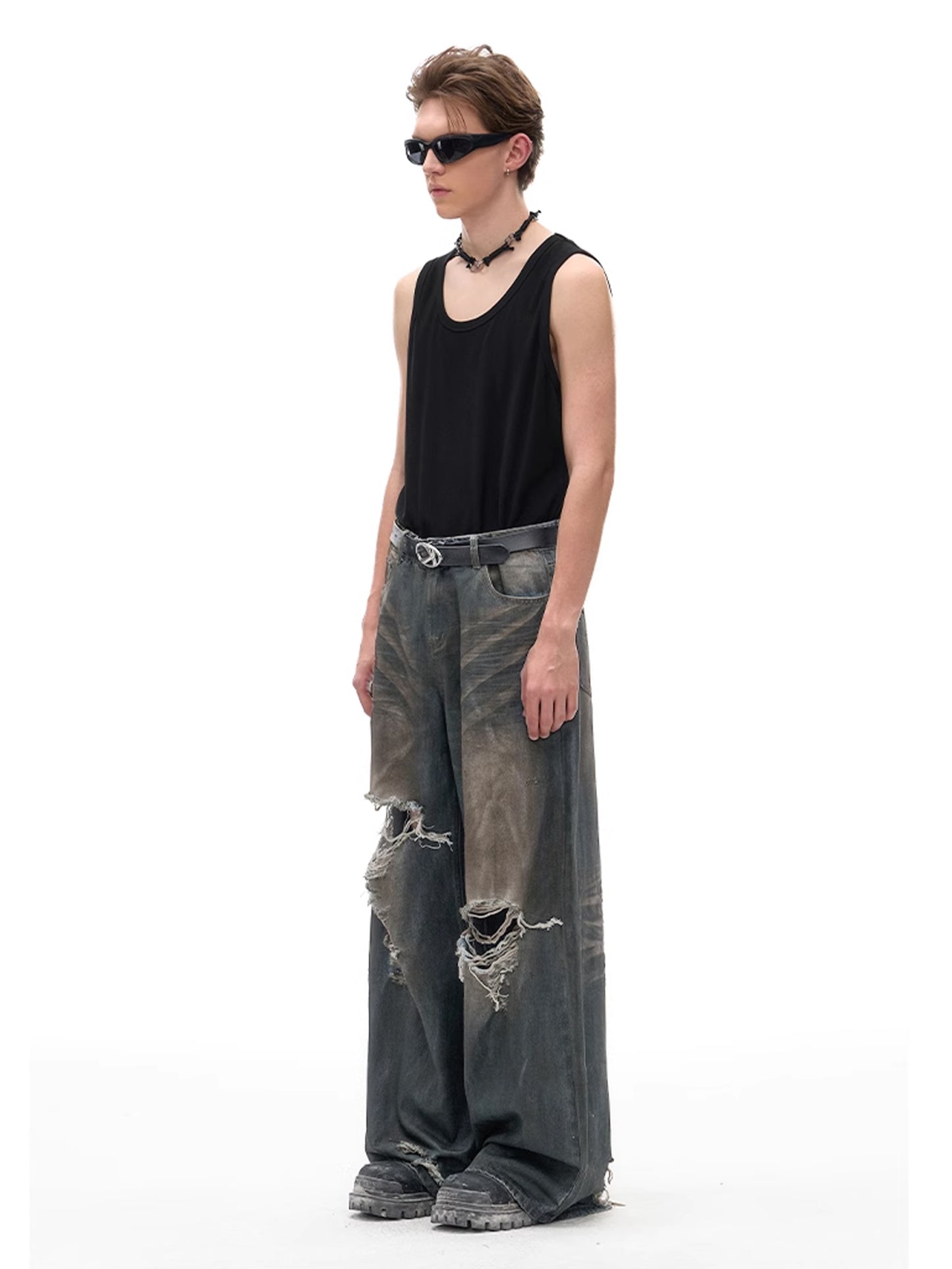 Dirty Damaged Wide Denim Pants