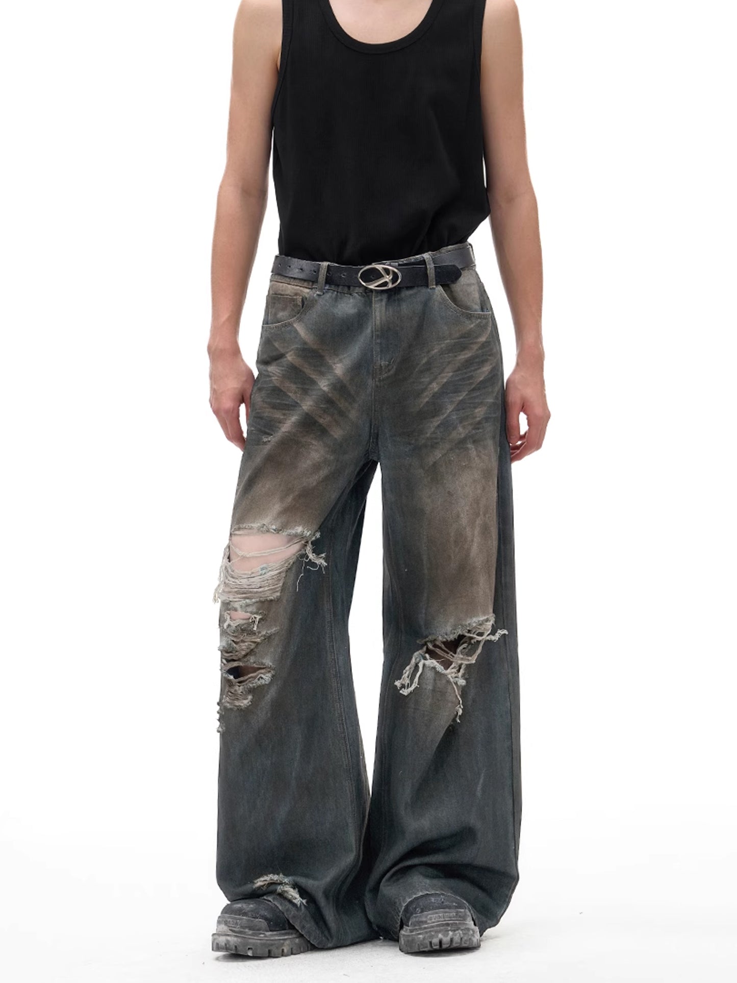 Dirty Damaged Wide Denim Pants