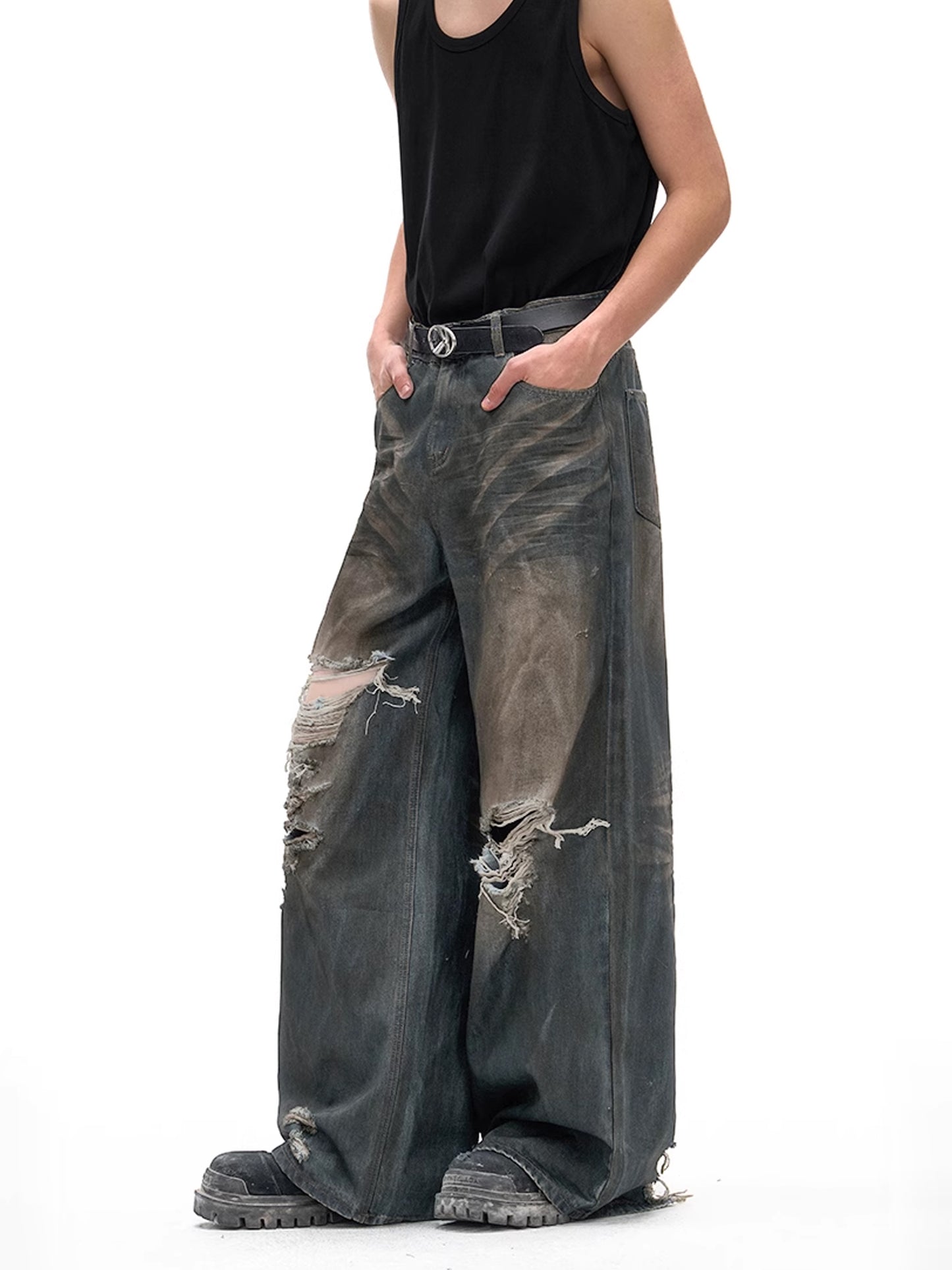 Dirty Damaged Wide Denim Pants