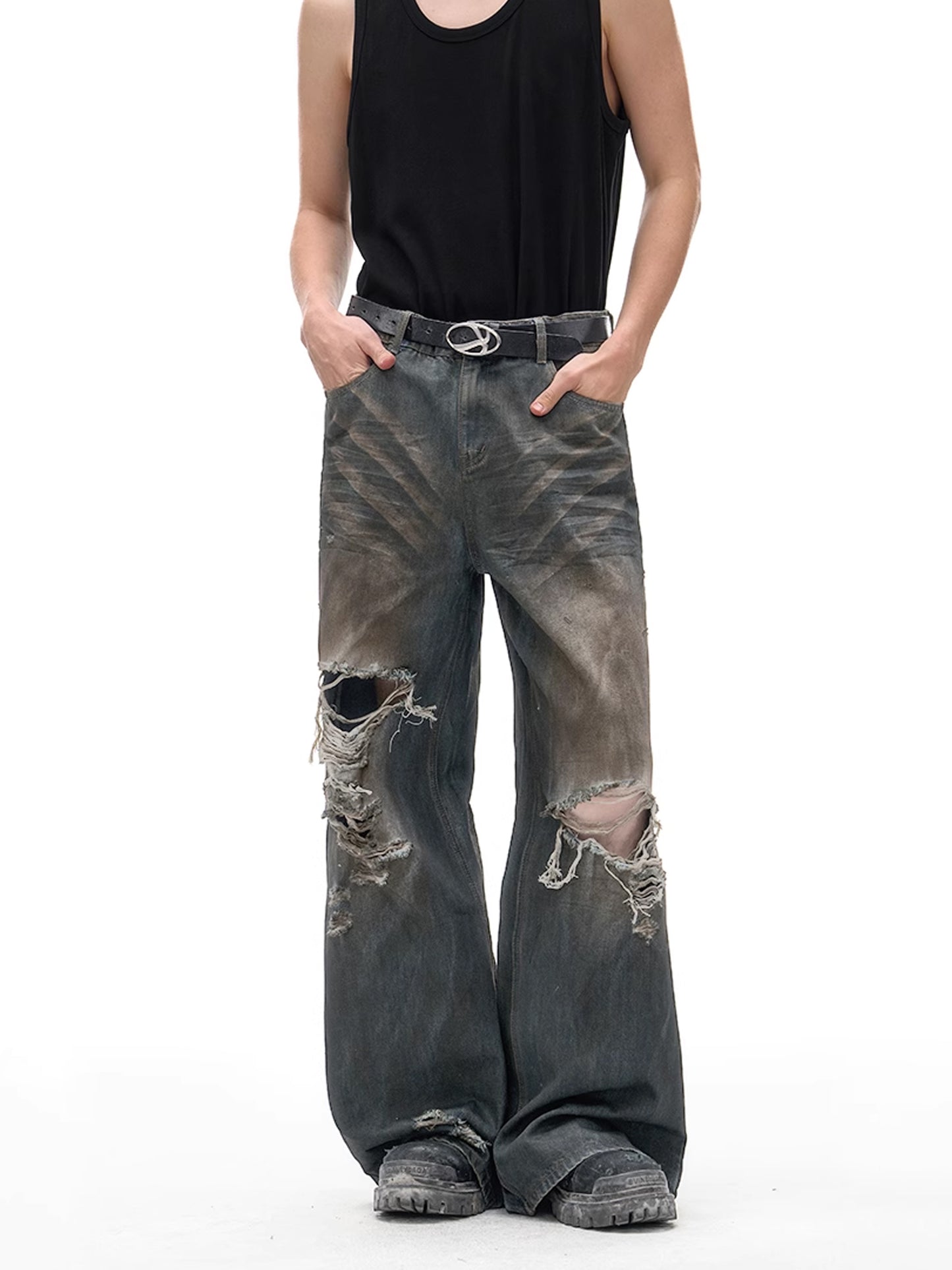 Dirty Damaged Wide Denim Pants