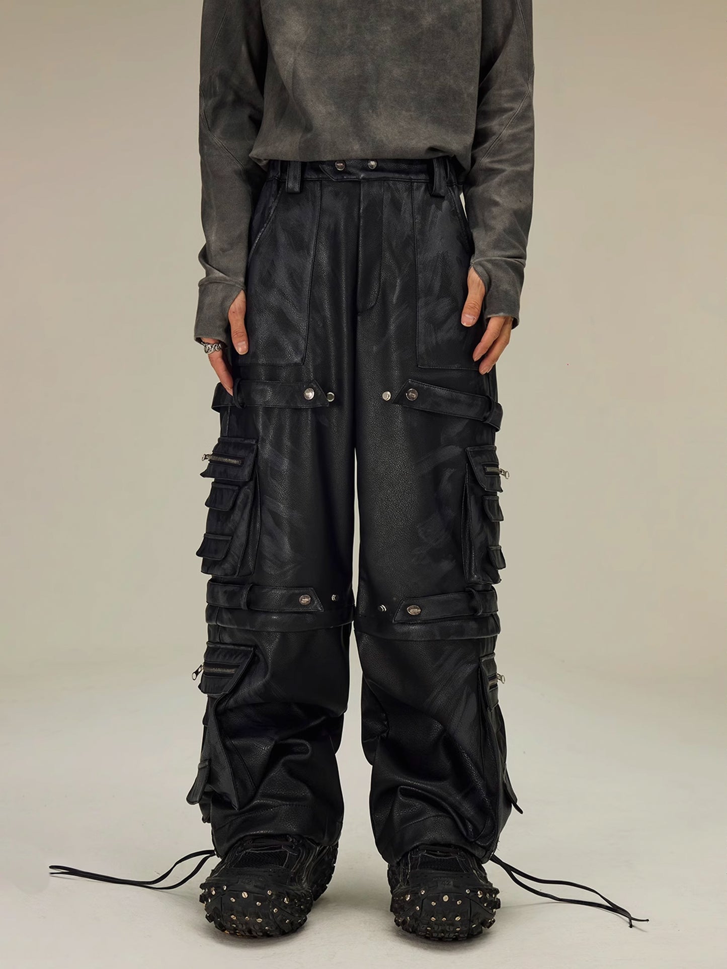 Removable Multi-Pocket Leather Cargo Pants