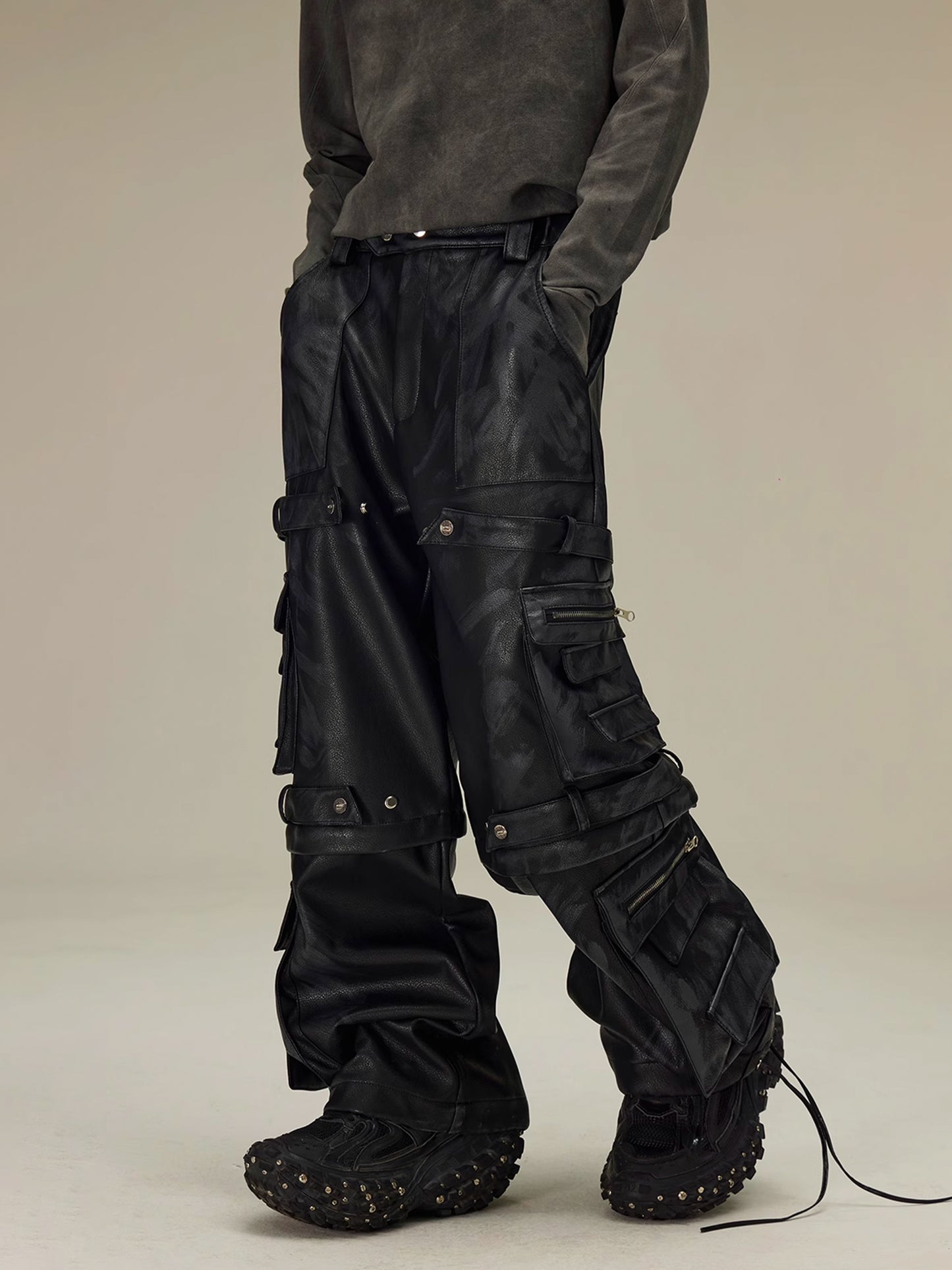 Removable Multi-Pocket Leather Cargo Pants