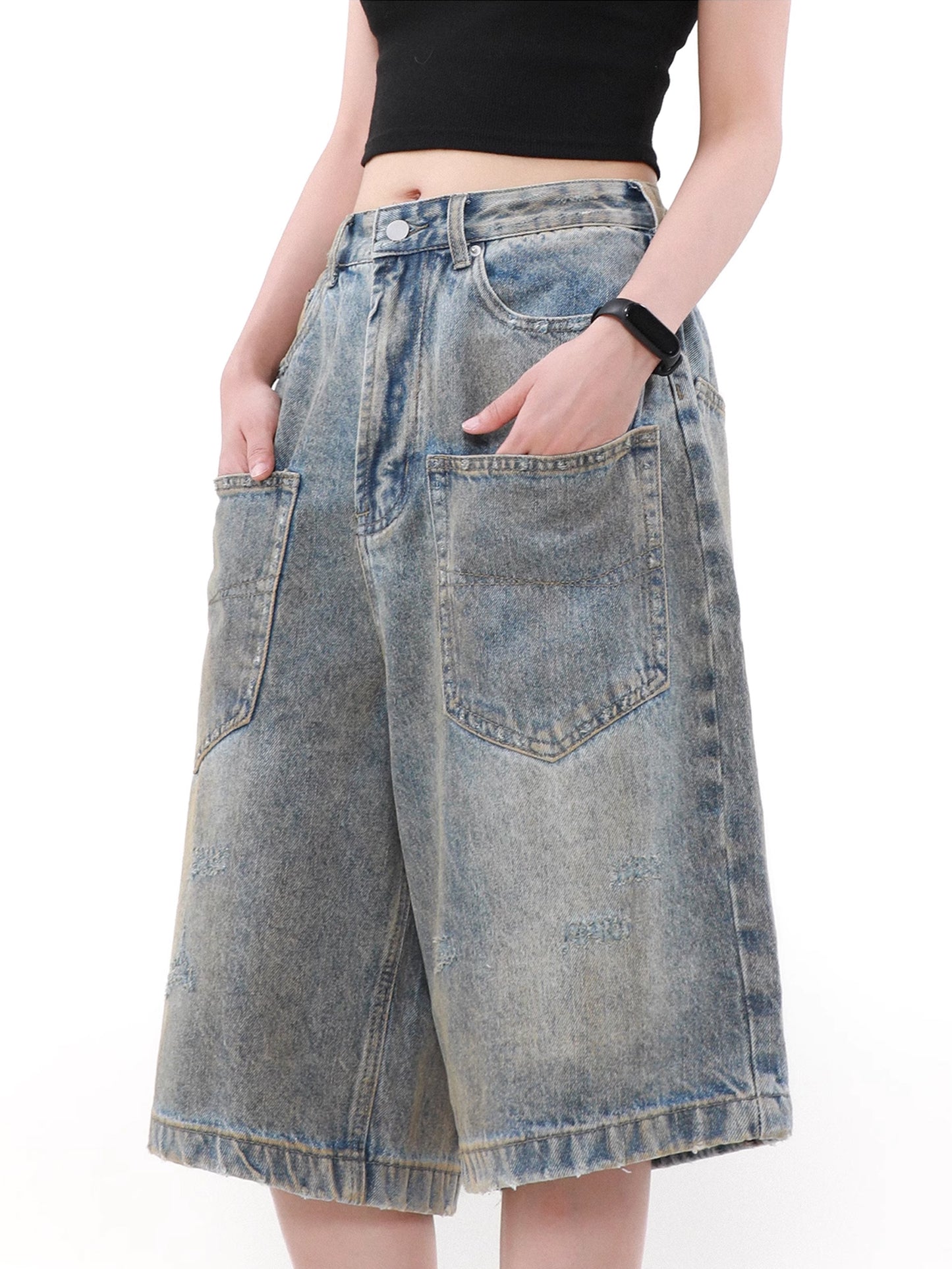 Dirty Pocket Half Denim Pants