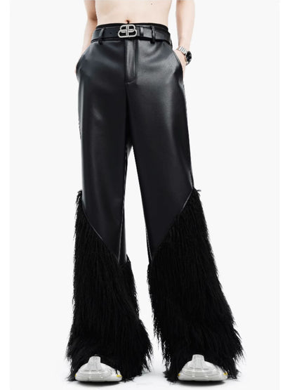 Black Fur Spliced Leather Pants