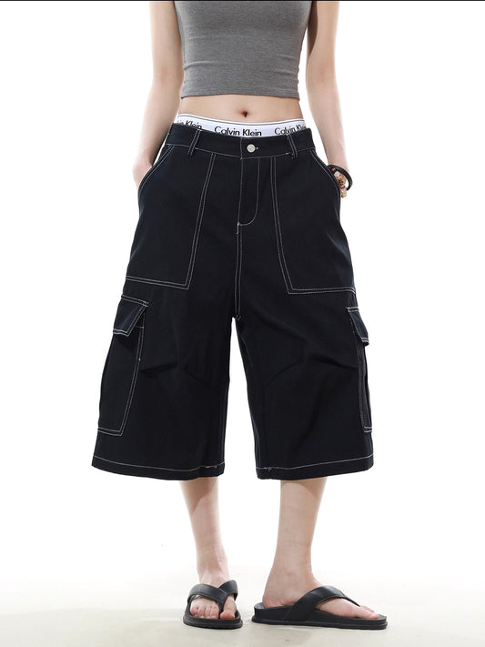 Pleated Bright Line Straight Denim Shorts