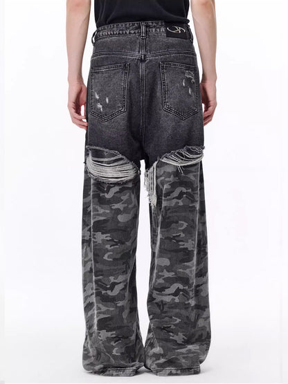 Camouflage Patchwork Denim Pants