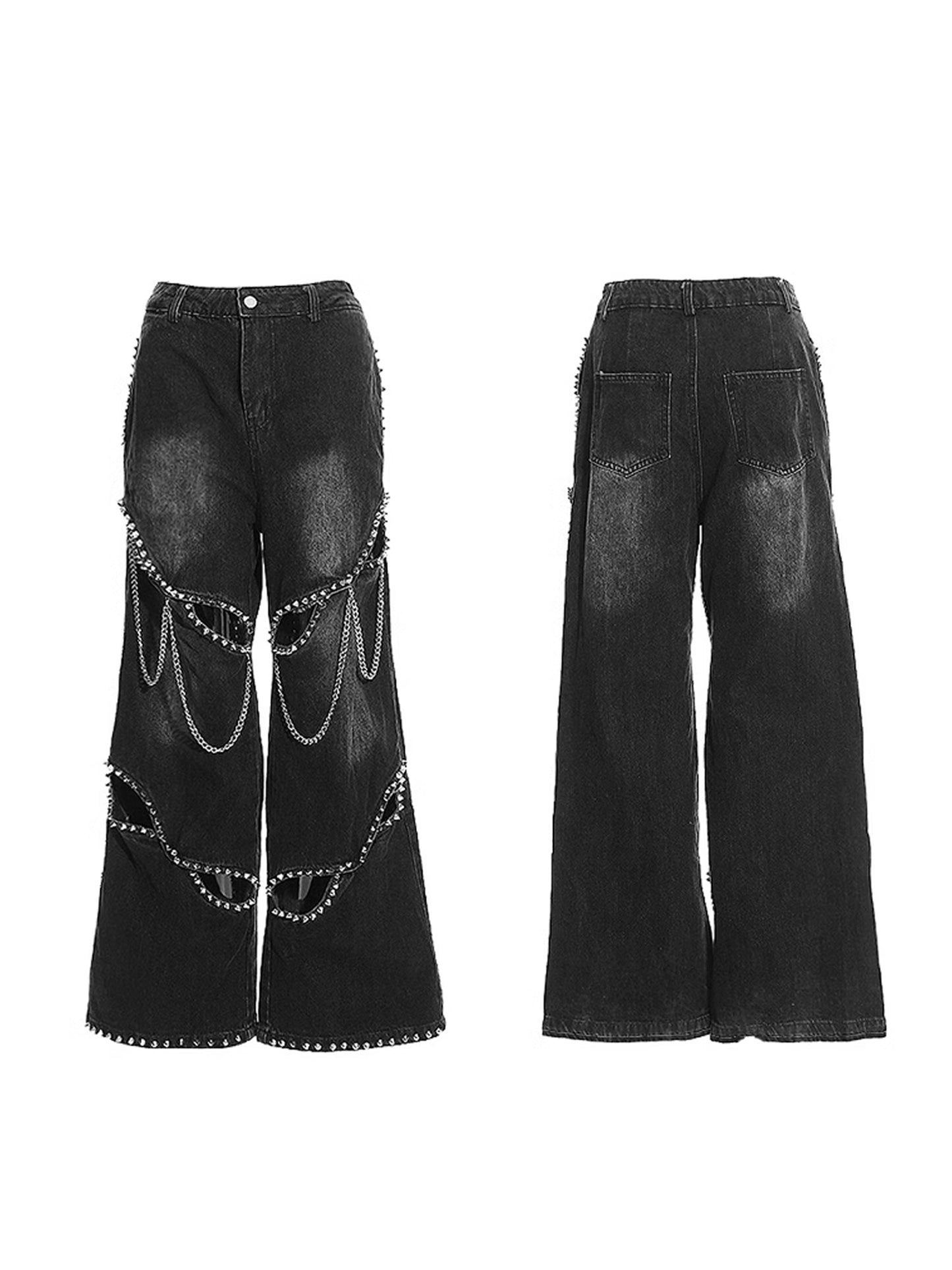 Heavy Metal Rivet Chain Denim Pants