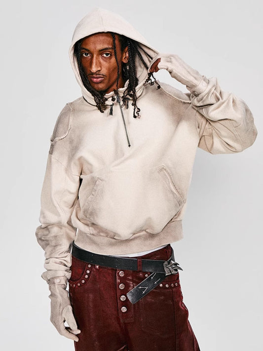 Vintage Washed Patchwork Half Zip Hoodie