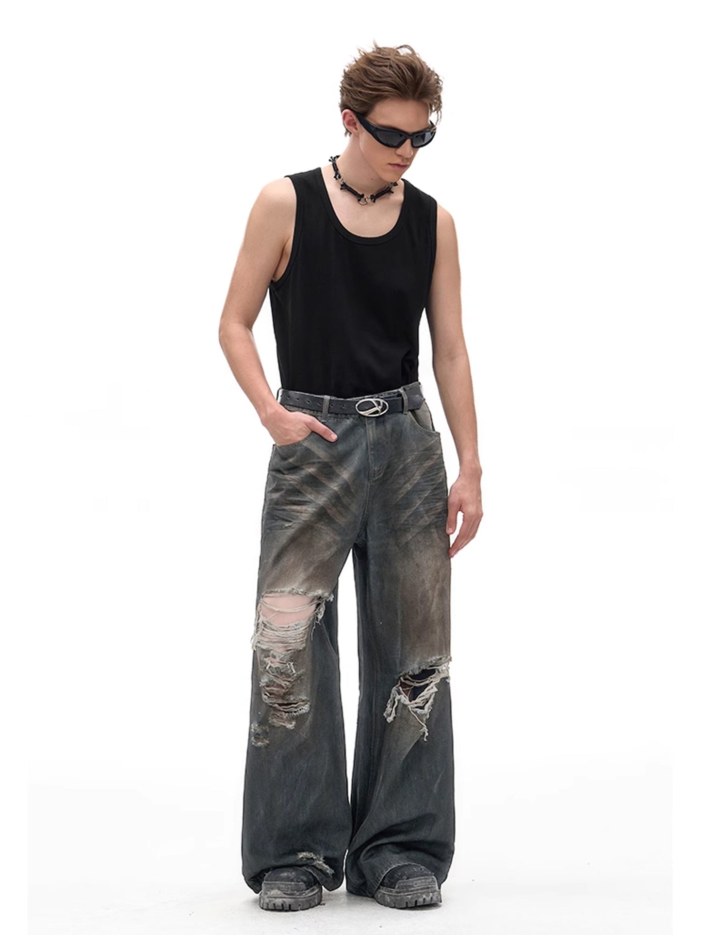 Dirty Damaged Wide Denim Pants