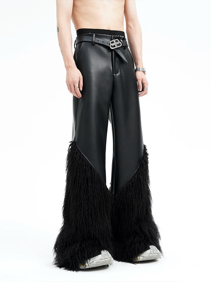Black Fur Spliced Leather Pants