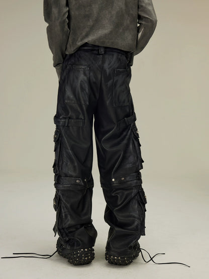 Removable Multi-Pocket Leather Cargo Pants