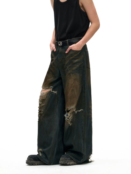 Dirty Damaged Wide Denim Pants
