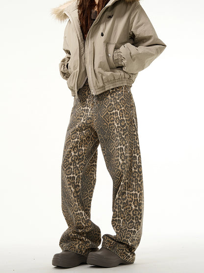 Retro Leopard Wide Denim Pants