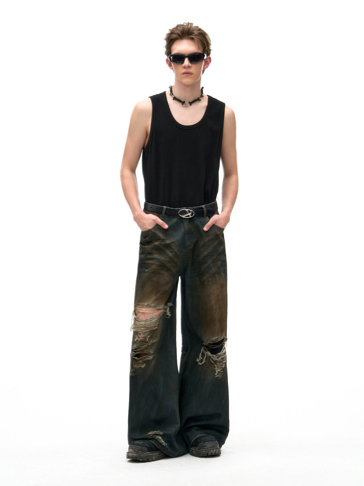 Dirty Damaged Wide Denim Pants