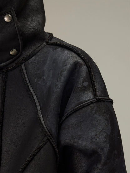 Heavy Coating Leather Hooded Jacket