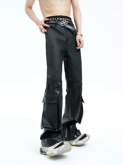 Leather Cargo Flare Pants